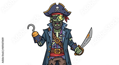 Cartoon Undead Pirate Captain with Hook and Dagger.