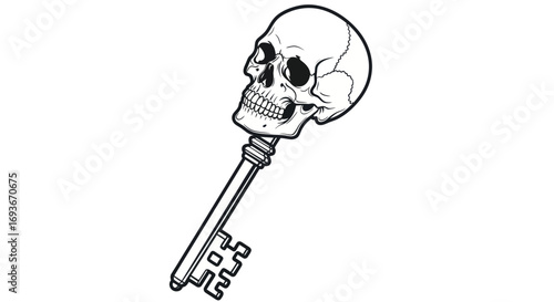 Stylized Skull and Key Illustration with Intricate Details.