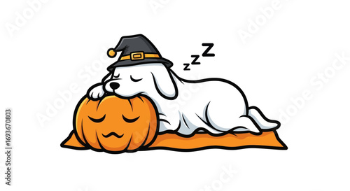 Adorable white dog wearing a witch hat sleeps peacefully on a carved Halloween pumpkin.