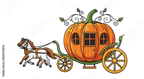Cinderellas Pumpkin Carriage Pulled by Two Horses, Fairytale Transport.