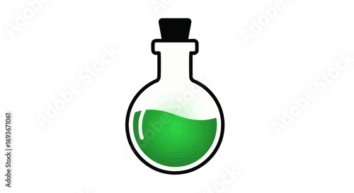 Green Potion Bottle with Cork Stopper, Cartoon Style.
