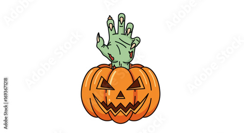 Cartoon Jack-o-lantern with a green zombie hand emerging from the top.