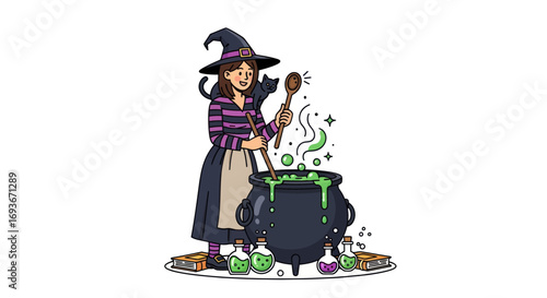 Whimsical Witch Brewing Potion in Cauldron with Cat Companion.