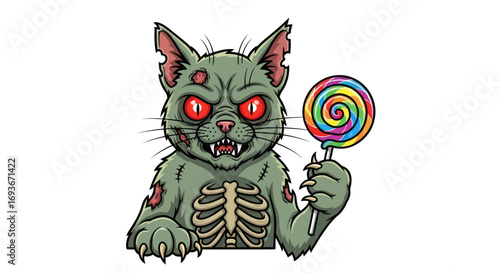 Zombie Cat Holding a Colorful Lollipop, Cartoon Style.