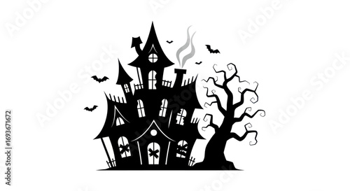 Spooky Haunted House Silhouette with Creepy Tree and Flying Bats.