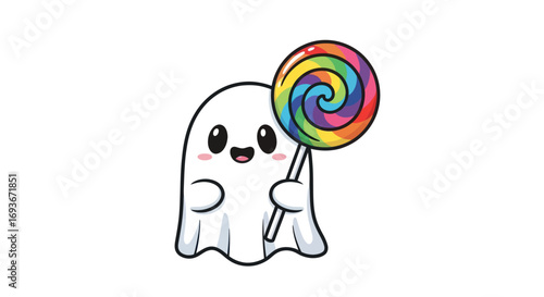 A cute cartoon ghost character holding a large, colorful rainbow swirl lollipop.