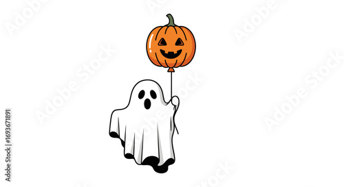 Whimsical ghost holding a carved Halloween pumpkin balloon.