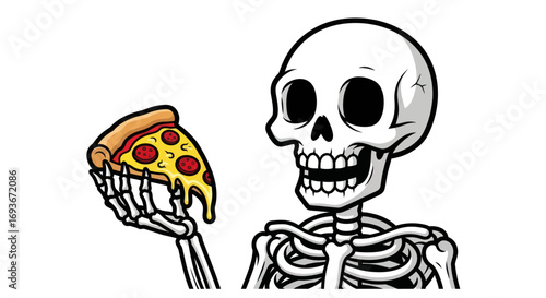 A smiling cartoon skeleton holding a slice of pepperoni pizza with melted cheese.