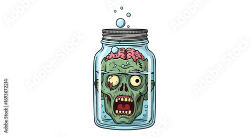 Cartoon Zombie Head Preserved in a Glass Jar.
