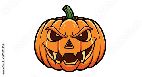 Spooky Halloween Jack-o-lantern with menacing carved face and sharp teeth.