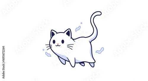Adorable Cartoon White Cat with a Long Tail.