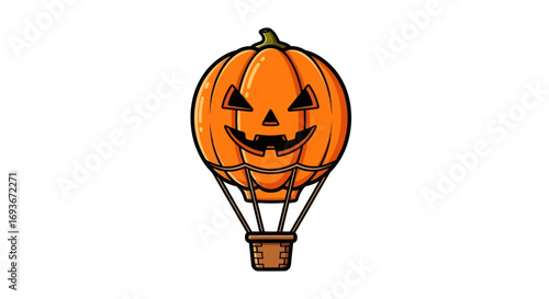 Spooky Halloween Pumpkin Hot Air Balloon Illustration.