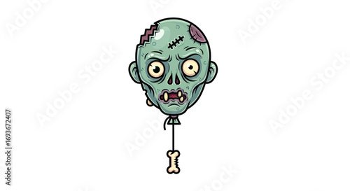 A spooky green zombie head balloon with stitches, an exposed brain, and a bone on its string.