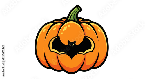Carved Halloween Pumpkin with Bat Design.