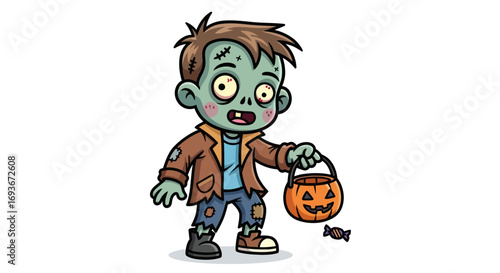 Cute cartoon zombie boy in a tattered costume holding a jack-o-lantern candy bucket for Halloween.