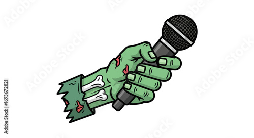 Green zombie hand holding a microphone, with visible bones and torn sleeve.
