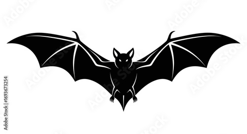 Stylized black bat silhouette with wide-spread wings in flight.