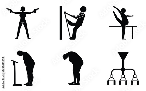 Dynamic silhouettes of woman with pistols, ballerina, elderly figures, and chandelier in black and white