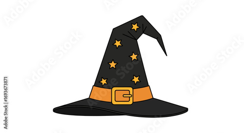 Black Witch Hat with Golden Stars and Orange Buckle.