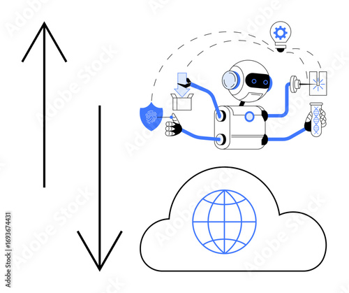 Robot with multiple arms handles tasks thumbs up security, lab analysis, gear control, and data sharing. Cloud connectivity emphasizes global reach. Ideal for automation, AI, industry, security