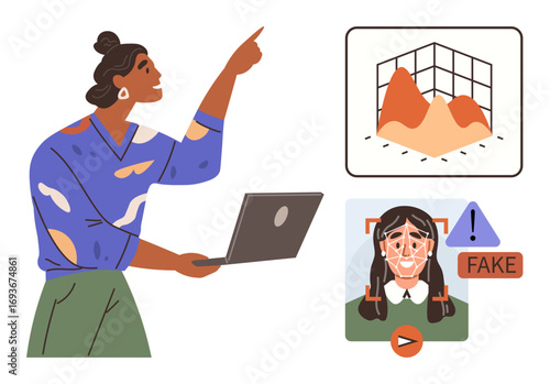 Woman pointing while holding a laptop, analyzing graph, identifying fake content with face recognition. Ideal for technology, AI research, data analysis, cybersecurity, innovation, digital safety