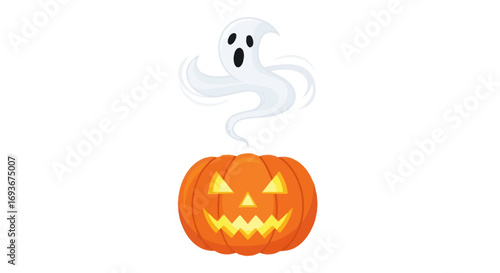 Spooky Halloween Ghost Floating Above a Jack-o-Lantern.