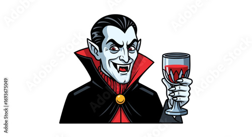 Cartoon Vampire with Fangs Holding a Goblet of Blood.