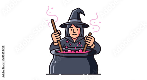 Cartoon Witch Stirring Potion in Cauldron with Two Wooden Spoons.