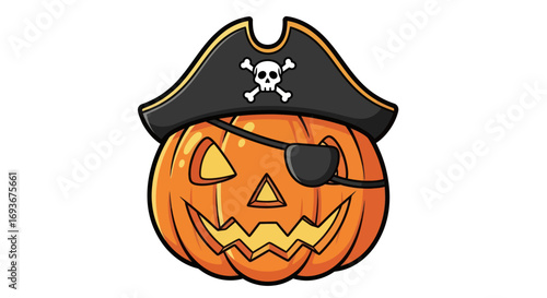 Cartoon Pirate Jack-o-Lantern with Skull and Crossbones Hat and Eye Patch.
