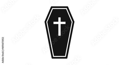Black Coffin Icon with White Cross Symbol.