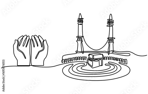 Holy Kaaba in Mecca Saudi Arabia, continuous one line drawing