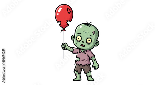 A cute cartoon zombie boy with green skin and tattered clothes holding a single red balloon.