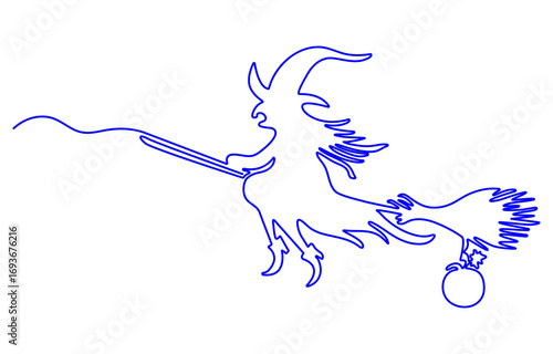 Silhouette illustration of a pumpkin witch and her cat with a broomstick continuous one line drawing