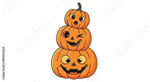 Stacked Halloween Pumpkins with Cartoon Faces and Expressions.
