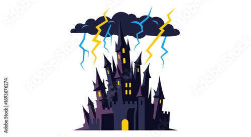 Dark, Stormy Castle Under a Thunderstorm.