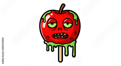A spooky cartoon zombie candy apple with a menacing face and dripping green slime.