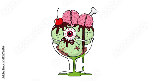 Spooky Zombie Ice Cream Sundae with Brains, Eyeball, Bone, and Green Goo.