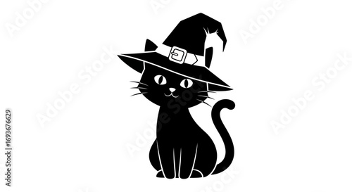 A cute black cat sitting and wearing a pointy witchs hat with a buckle.