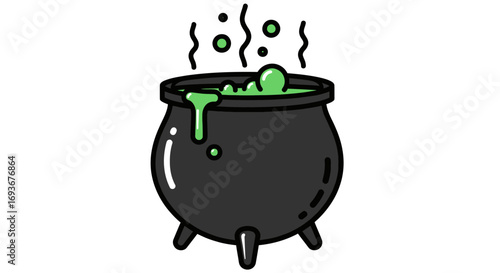 Cartoon Witchs Cauldron with Boiling Green Potion.