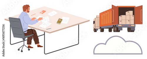 Worker in an office analyzing shipment papers, freight truck loaded with cargo, cloud icon. Ideal for logistics, supply chain, cloud storage, transportation planning, business, delivery