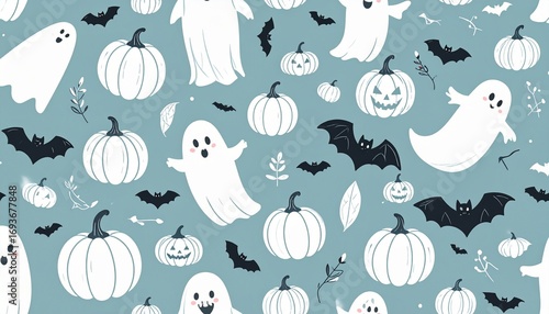 Whimsical Halloween pattern with cute ghosts, playful bats, and festive pumpkins on a blue background