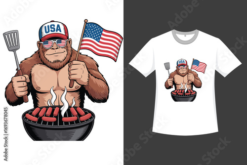 A cartoon gorilla, sporting a USA baseball cap and sunglasses, is grilling hot dogs over a charcoal grill.