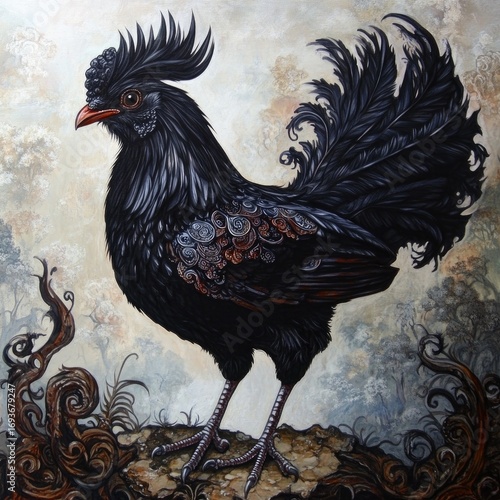 A detailed portrait of a majestic black rooster.  Dramatic plumage, intricate patterns, and a commanding presence against a backdrop of stylized foliage and clouds