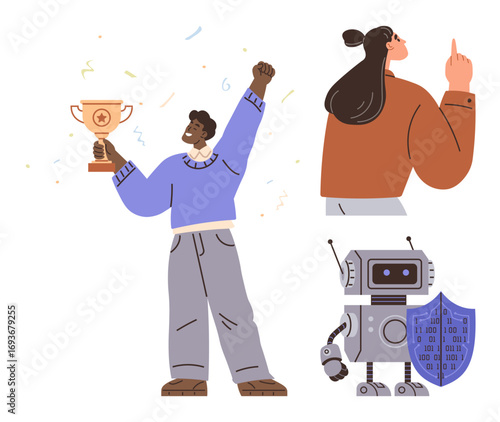 Man celebrating victory holding trophy, woman pointing upwards, robot with shield symbolizing security and innovation. Ideal for success, teamwork, motivation, innovation, protection, technology