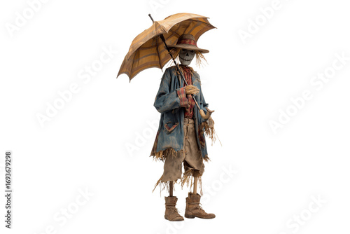 A Halloween scarecrow holding a broken umbrella, isolated on a transparent background.