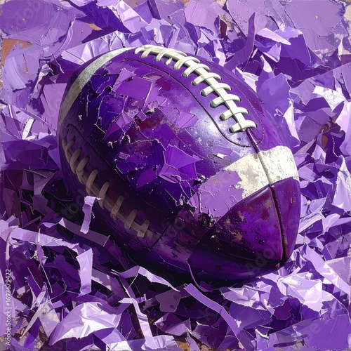 Purple football surrounded by purple confetti