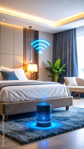 Smart speaker in a modern bedroom.  Wireless connection