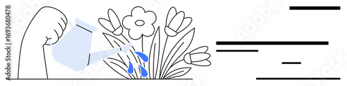 Hand pours water on blooming flowers, emphasizing care, growth, and nurturing nature. Ideal for gardening, sustainability, environment, flora care, personal growth eco-friendly themes simple