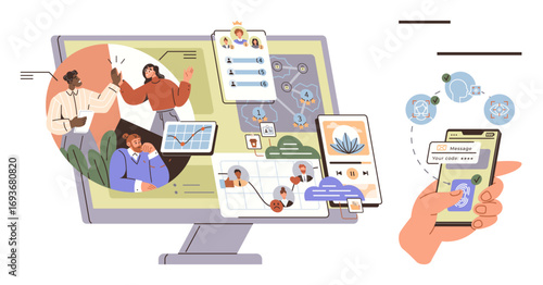 Digital workspace on computer with task boards, team communication, charts, and collaboration tools. Hand using messaging app on smartphone. Ideal for teamwork, remote work, connectivity