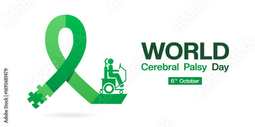 6 th October is World Cerebral Palsy Day. Ribbon and people. Suitable for posters, banners and social media. White background.